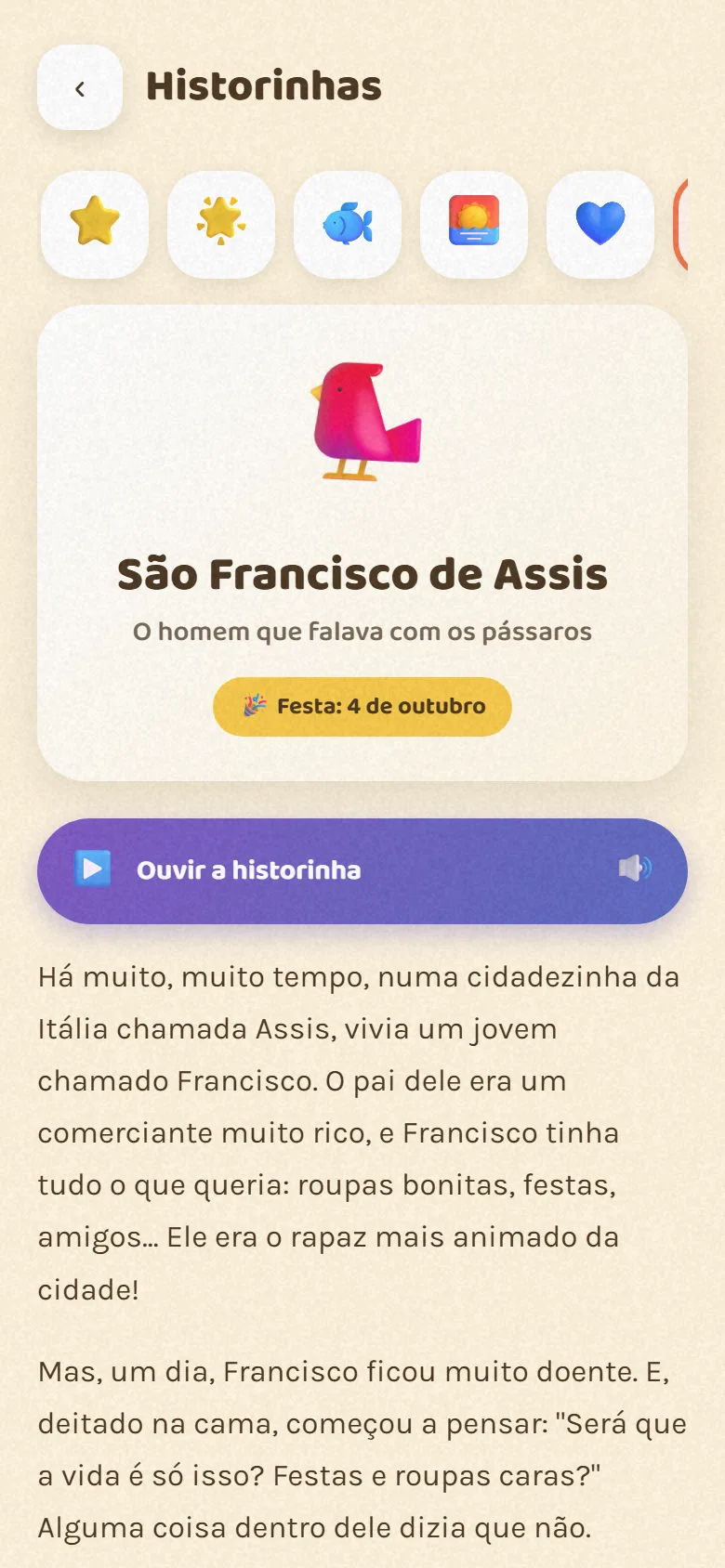 Tela de histórias do ambiente infantil do Luz do Lar, com as vidas de Jesus e dos santos ilustradas