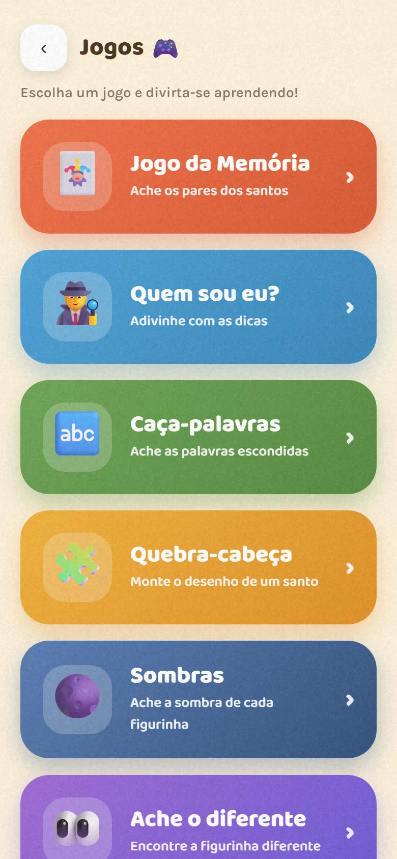 Tela de jogos do ambiente infantil do Luz do Lar, com jogo da memória, quem sou eu, caça-palavras, quebra-cabeça e sombras