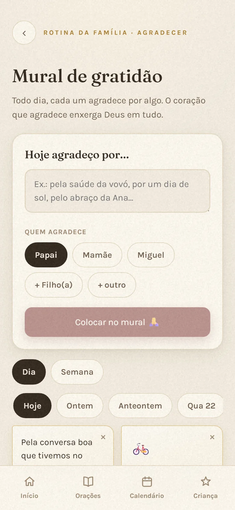 Mural de Gratidão no app Luz do Lar, onde cada pessoa da família registra um agradecimento do dia