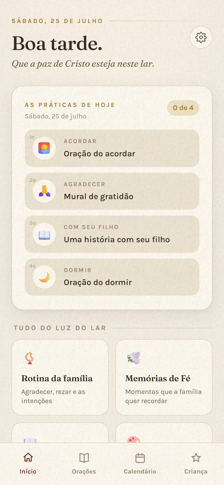 Tela do app Luz do Lar no ambiente dos pais, com as práticas do dia: oração do acordar, mural de gratidão, uma história com seu filho e oração do dormir