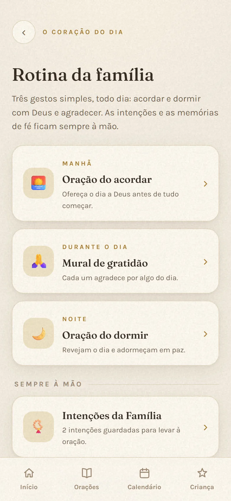 Tela Rotina da família no app Luz do Lar, com os momentos de oração, gratidão e intenções